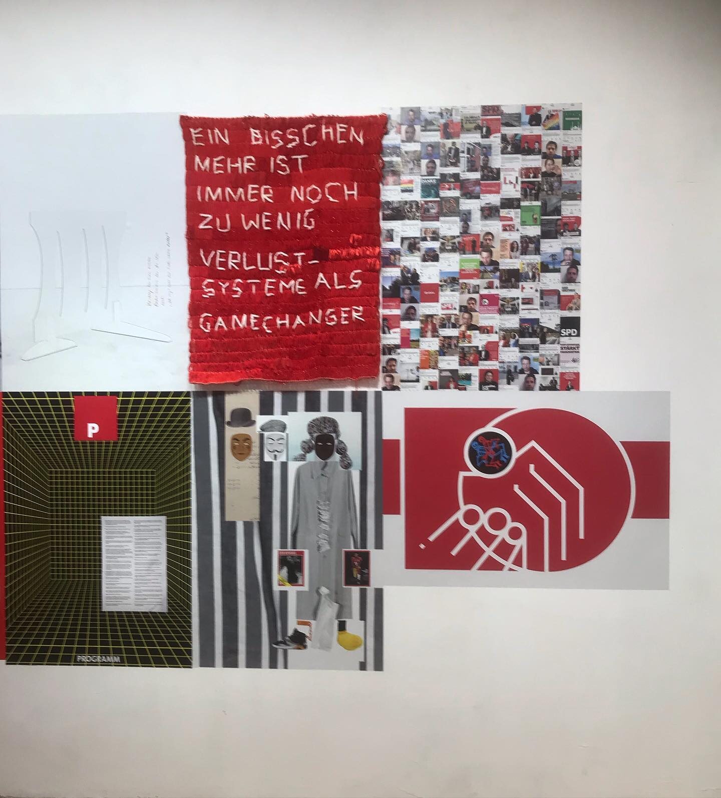 «Die Zukunft der SPD #2» — Wandarbeiten: «Ein bisschen mehr ist immer noch zu wenig», Stickerei und Plakatcollage