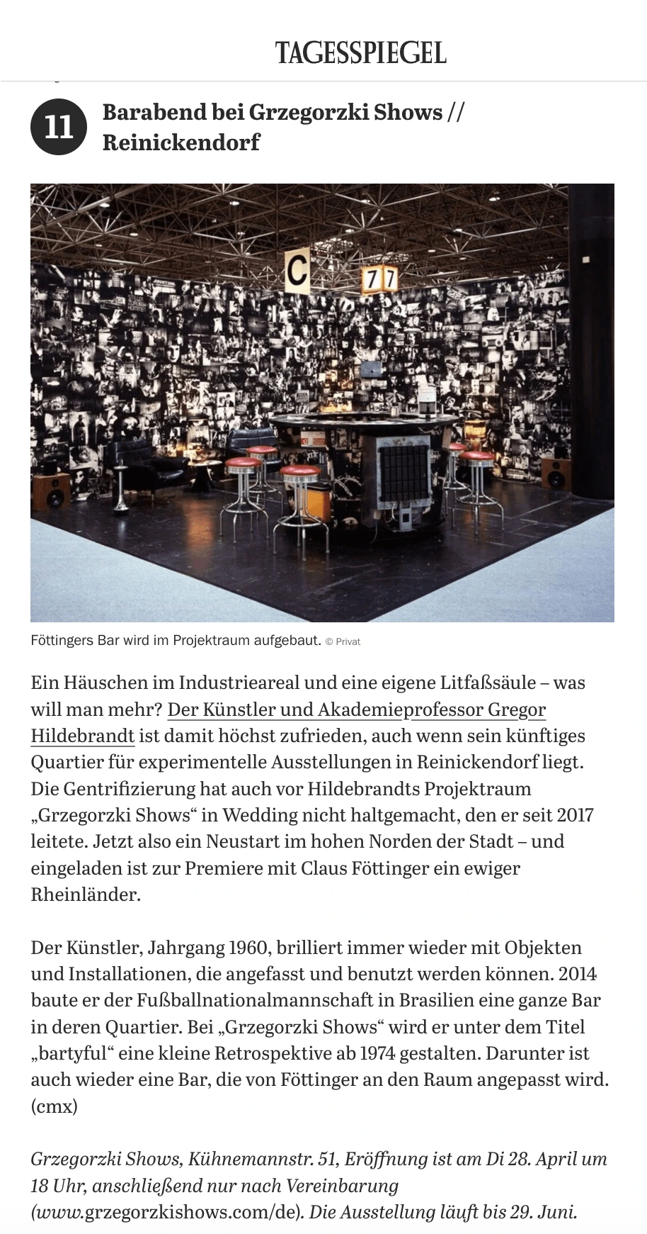 Tagesspiegel – Tipps zum Gallery Weekend Berlin: Elf Highlights und Termine zum Vormerken — 11 Barabend bei Grzegorzki Shows