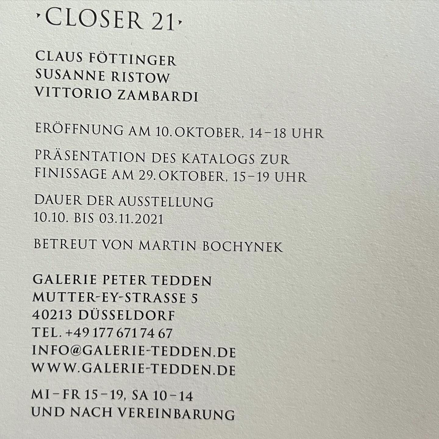 Einladungskarte «CLOSER 21», Galerie Peter Tedden, Düsseldorf, 10.10.–03.11.2021
